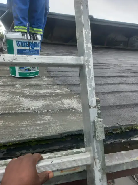 Applying waterproofing coating to a roof from a ladder