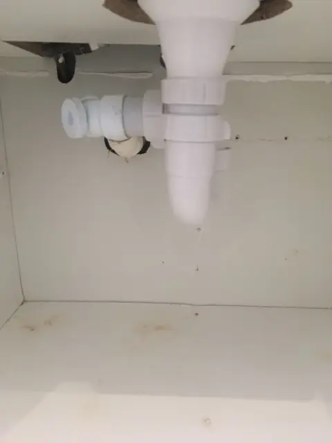 Under-sink plumbing trap and waste pipe in a cabinet