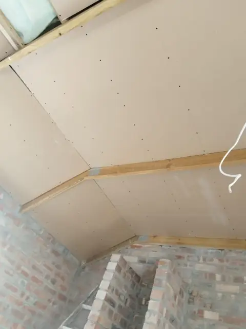 Ceiling boards fixed to timber structure before skimming; alt skimming