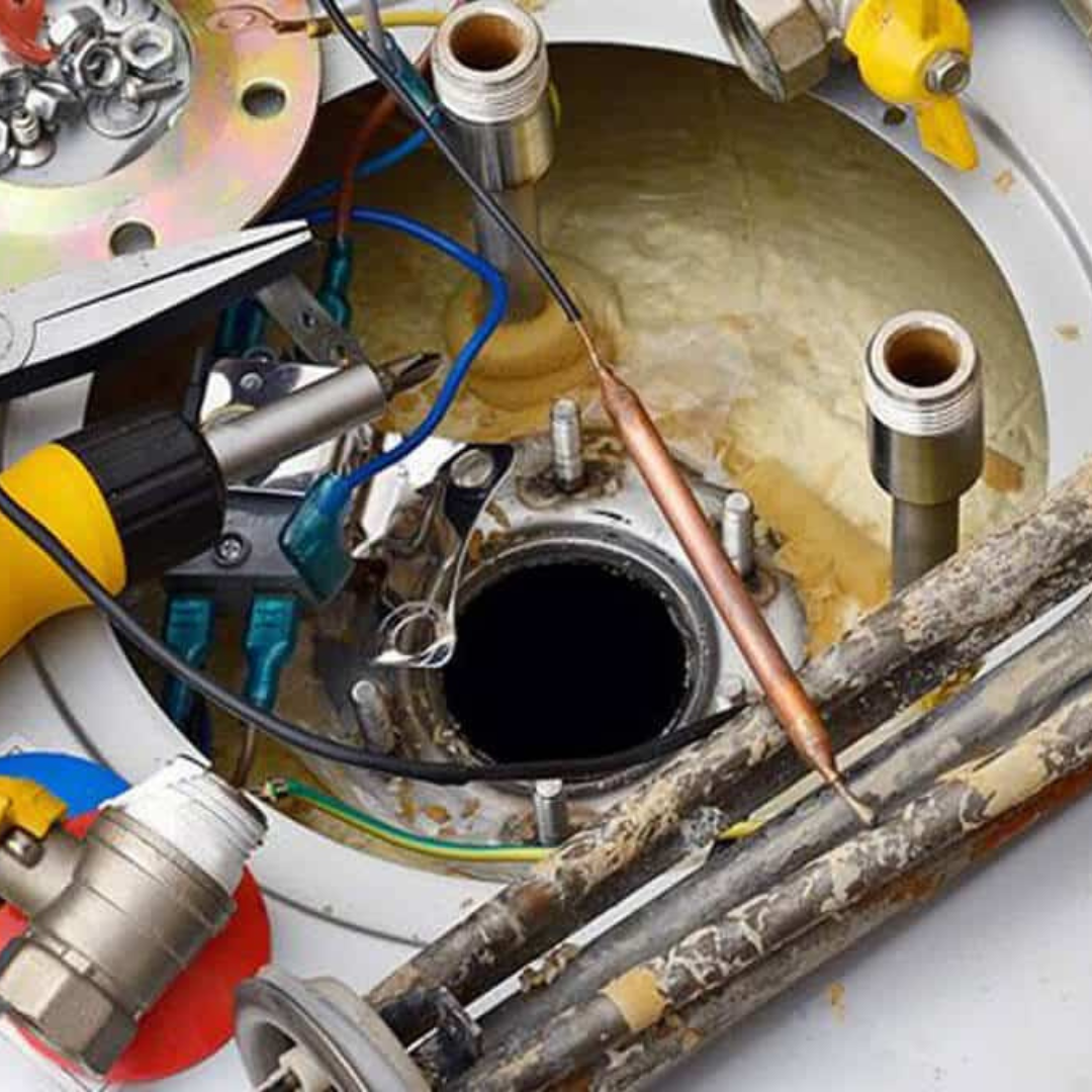 Inside a geyser showing element and corroded pipework — geyser replacement cost