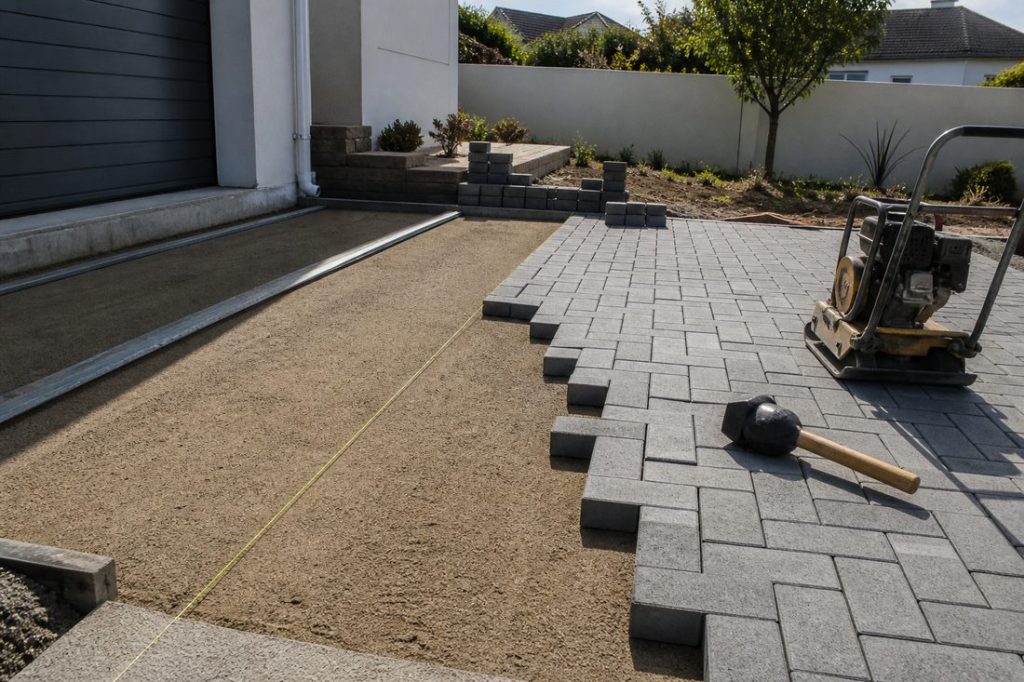 Plate compactor and pavers being laid on a sand sub-base — 500x500 concrete pavers price