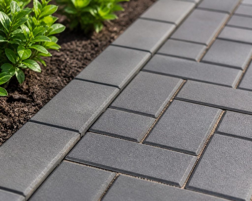 Close-up of grey pavers laid beside a planted bed — paving bricks prices