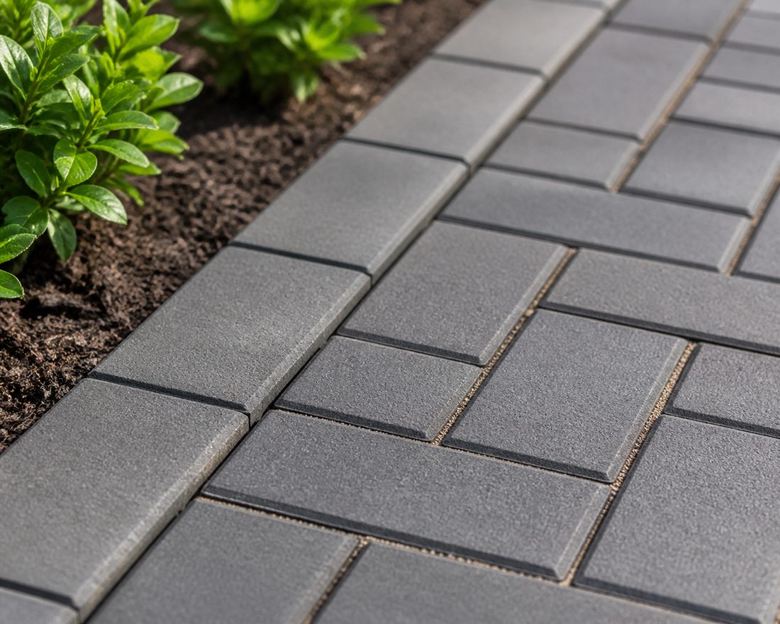 Close-up of grey pavers laid beside a planted bed — paving bricks prices