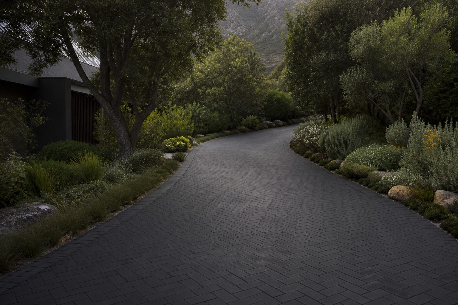 Dark paved driveway curving through trees — driveway paving cost
