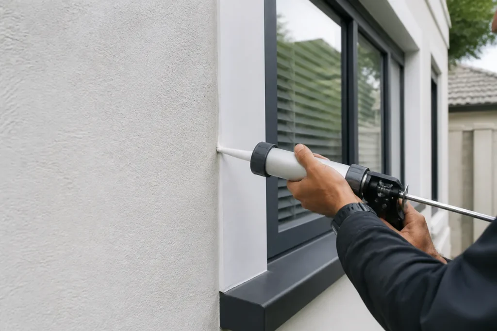 handyman Bellville sealing a window frame before the winter rain