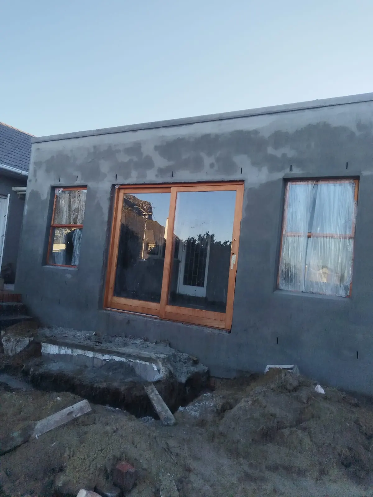 Newly plastered house extension exterior