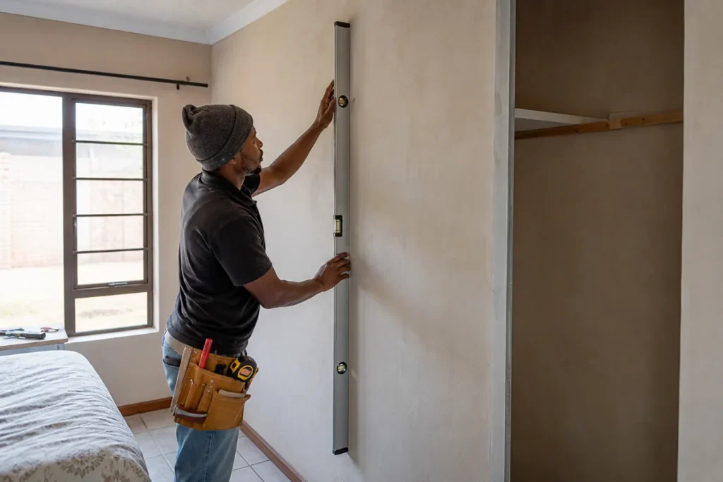 bedroom cupboards Cape Town fitted after checking the wall is true