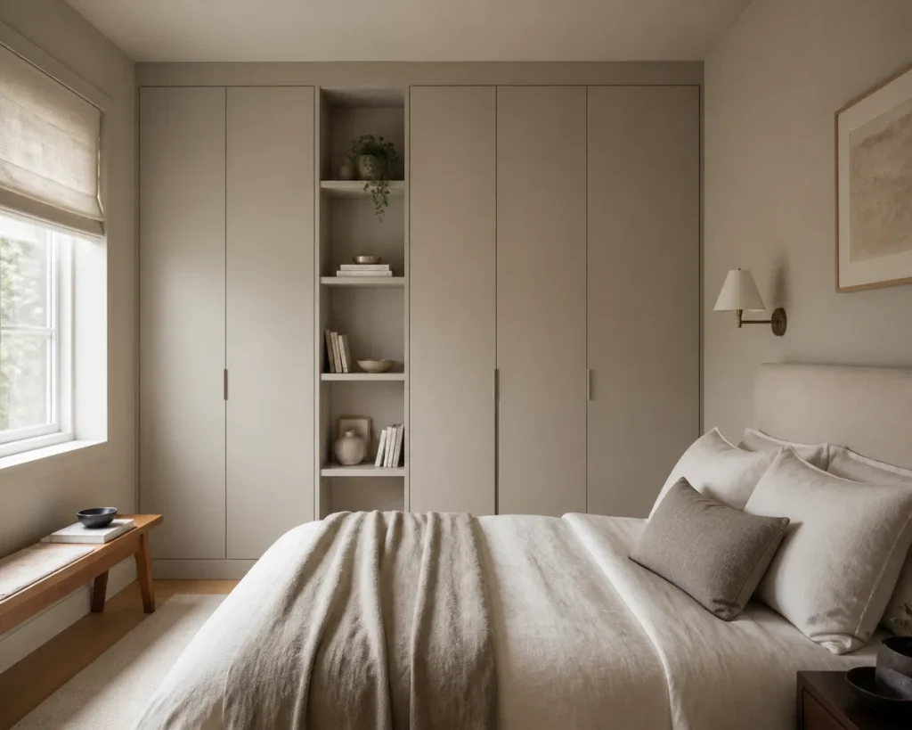built-in cupboards bedroom ideas colour-matched to the walls
