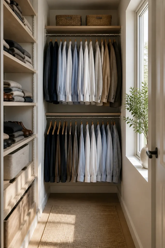 built-in cupboards designs for small bedrooms using double-hanging rails