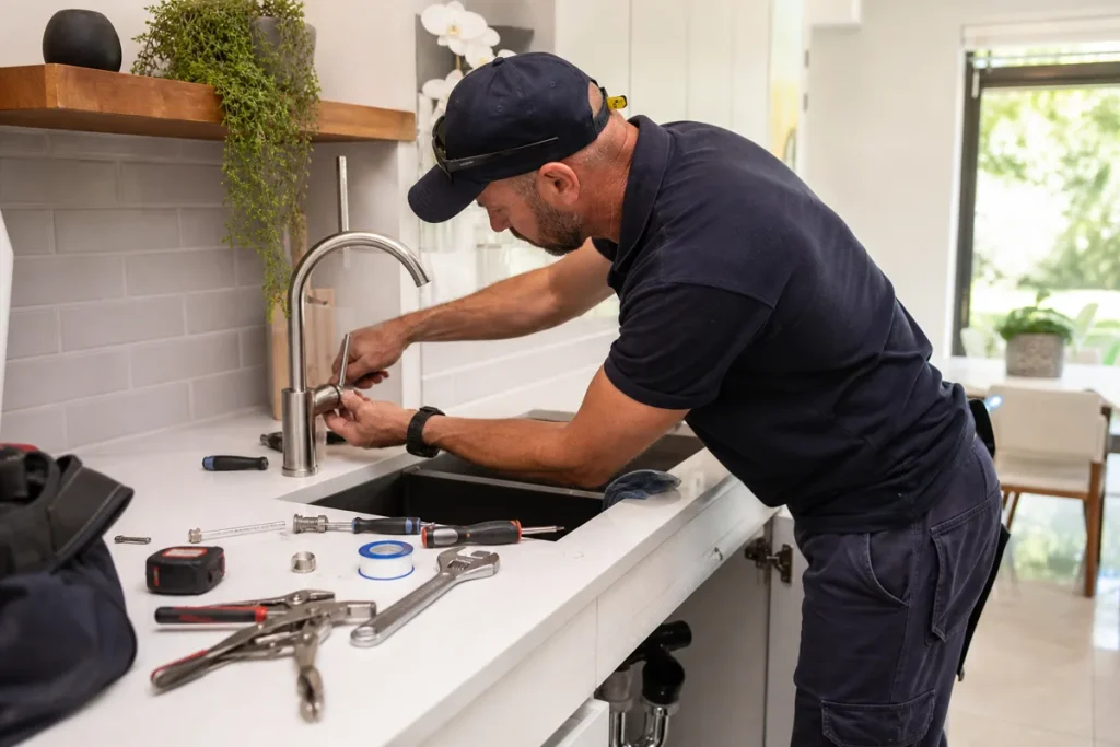 Handyman repairing kitchen tap in Cape Town home Southern Suburbs
