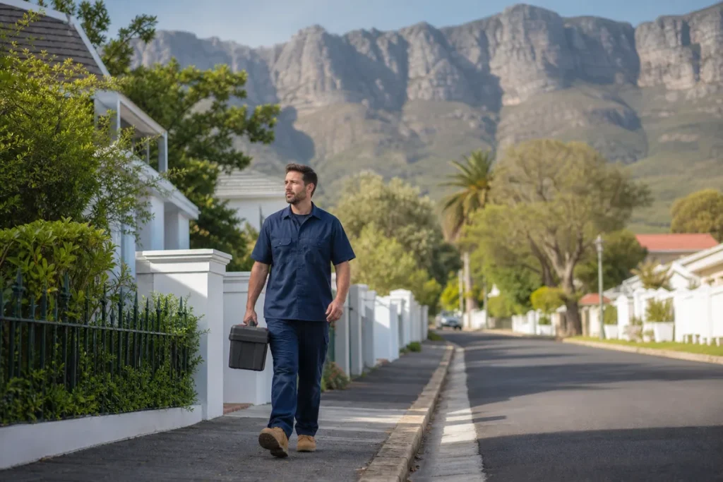 Handyman with toolbox in Cape Town Southern Suburbs neighbourhood