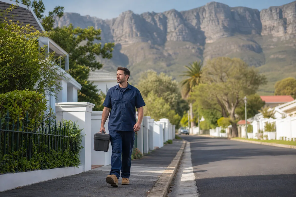 Handyman with toolbox in Cape Town Southern Suburbs neighbourhood