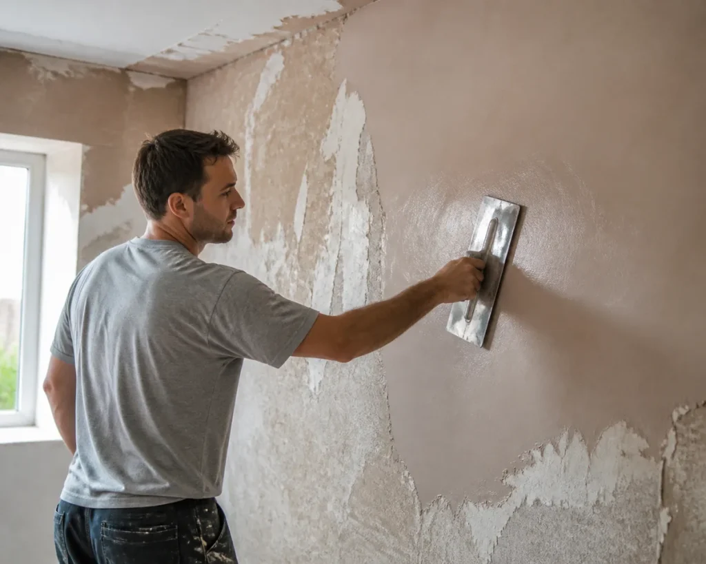 Plasterer applying skim coat plaster to wall Cape Town 2026
