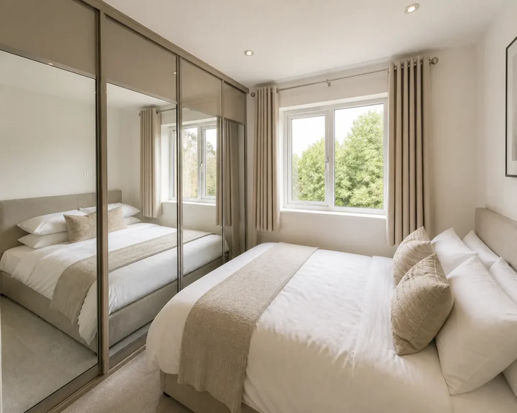 built-in cupboards designs for small bedrooms with sliding mirror doors