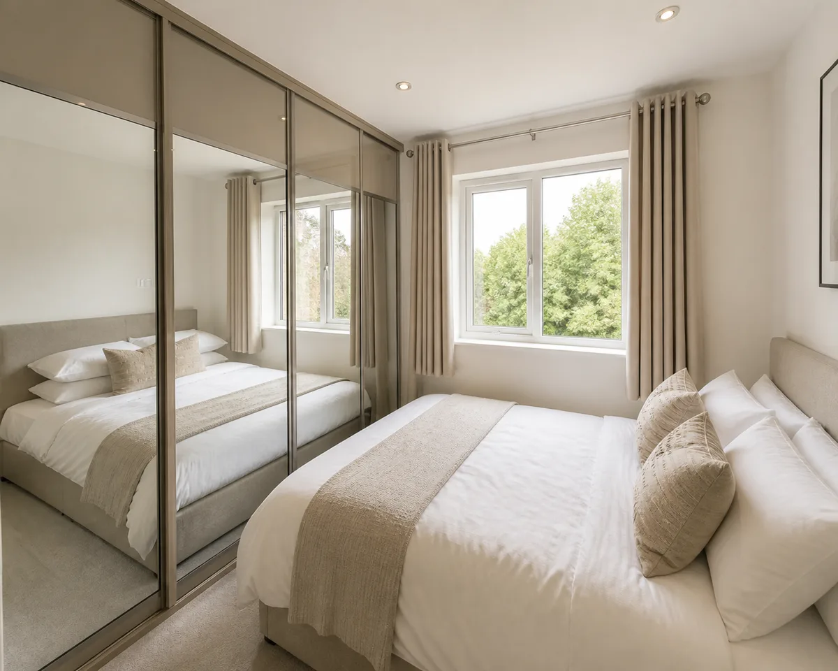 built-in cupboards designs for small bedrooms with sliding mirror doors