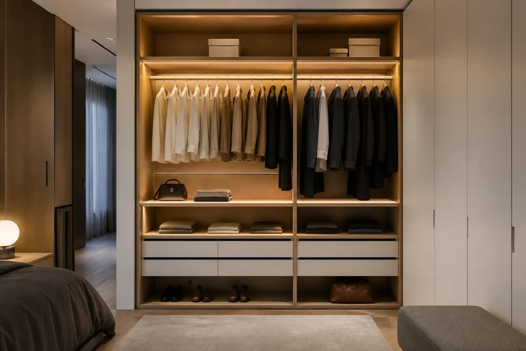 modern built-in bedroom cupboards with integrated LED lighting